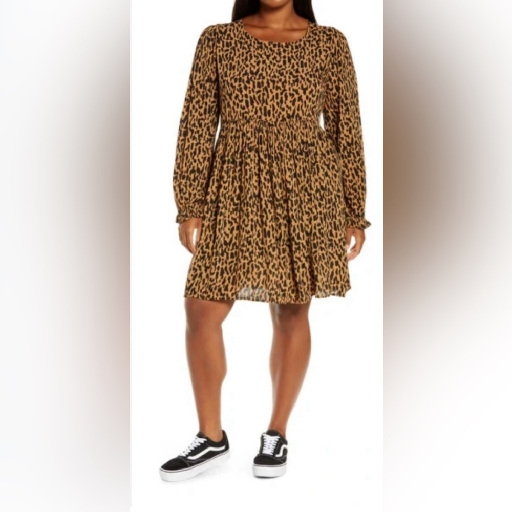 BP. Leopard Print Babydoll Dress Women XXS Tan‎ Black BP436816MI Long Sleeve